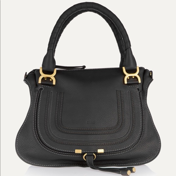 CHLOE Marcie Medium Black Textured Leader Shoulder Bag - Picture 1 of 16